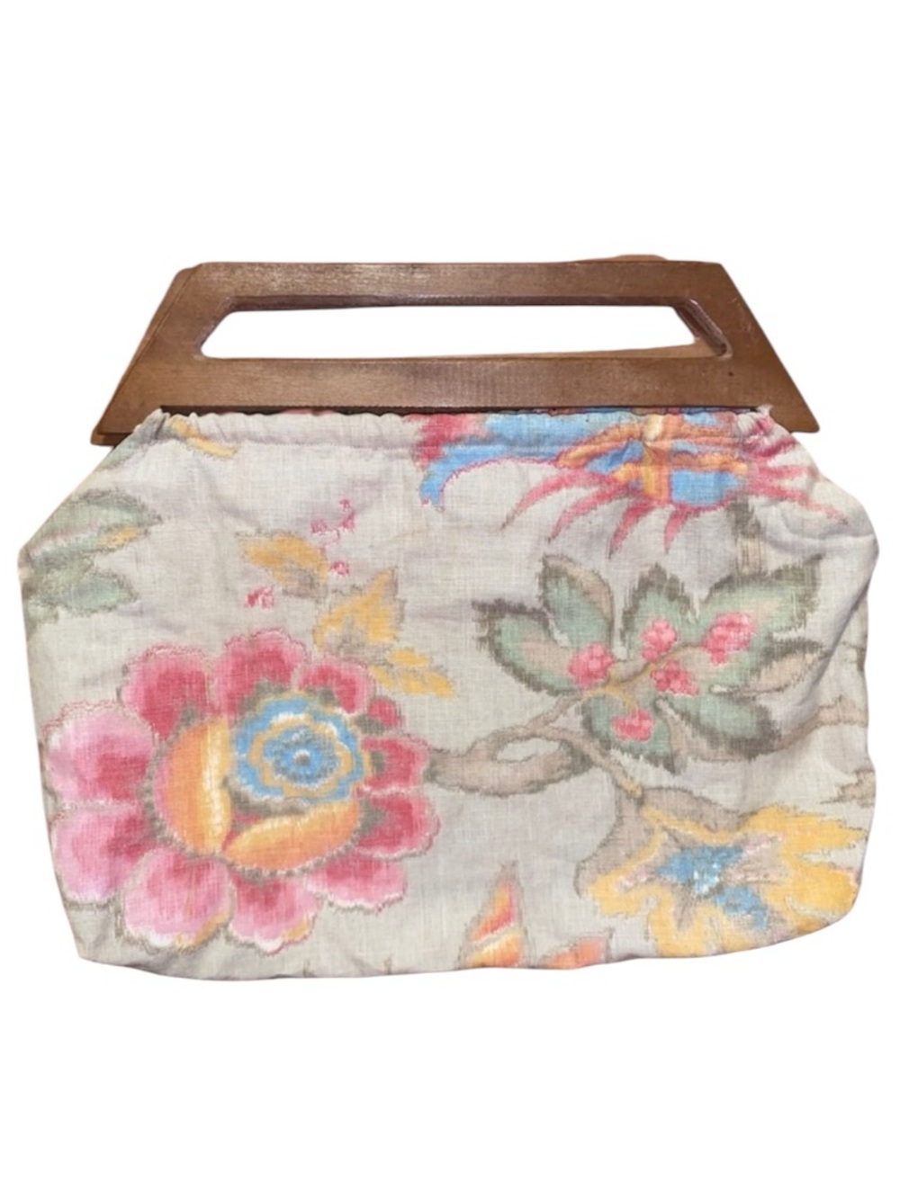 Vintage floral wooden handle handbag purse VTG